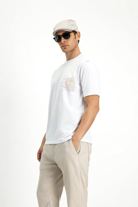 Beyaz Bisiklet Yaka Regular Fit Baskılı Pamuk Tişört