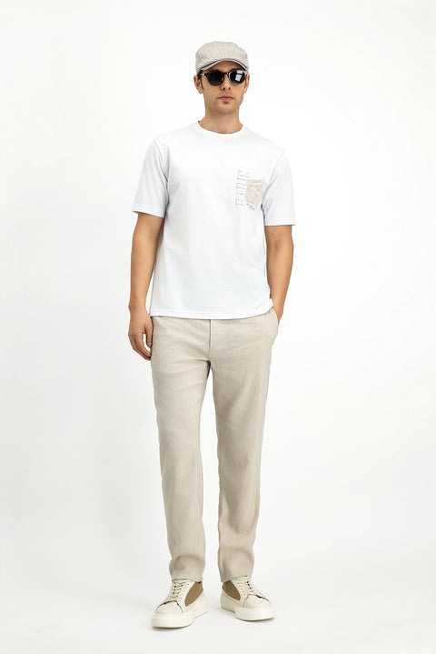 Beyaz Bisiklet Yaka Regular Fit Baskılı Pamuk Tişört