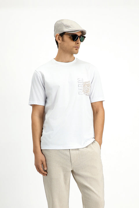 Beyaz Bisiklet Yaka Regular Fit Baskılı Pamuk Tişört