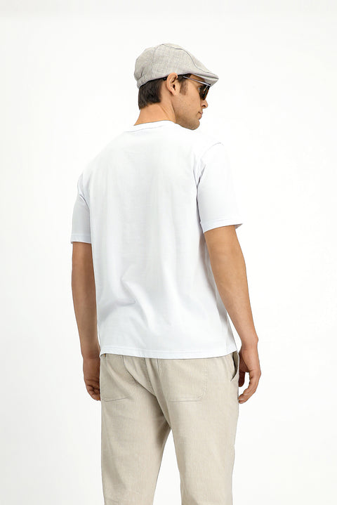 Beyaz Bisiklet Yaka Regular Fit Baskılı Pamuk Tişört