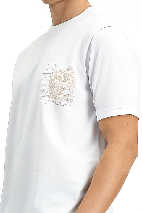 Beyaz Bisiklet Yaka Regular Fit Baskılı Pamuk Tişört