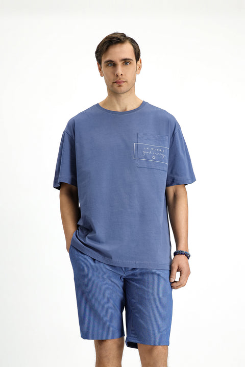 İndigo Bisiklet Yaka Oversize Pamuk Baskılı Tişört