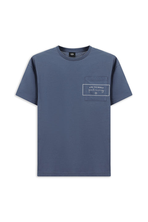 İndigo Bisiklet Yaka Oversize Pamuk Baskılı Tişört