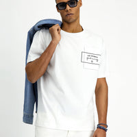 Beyaz Bisiklet Yaka Oversize Pamuk Baskılı Tişört