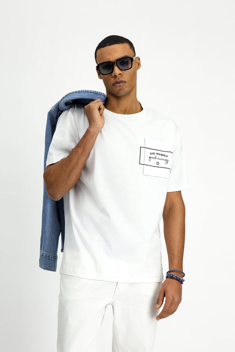 Beyaz Bisiklet Yaka Oversize Pamuk Baskılı Tişört