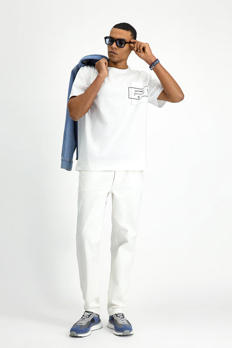 Beyaz Bisiklet Yaka Oversize Pamuk Baskılı Tişört