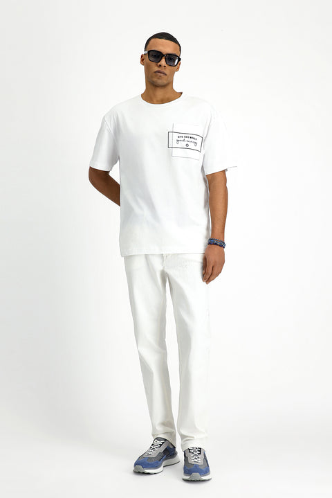 Beyaz Bisiklet Yaka Oversize Pamuk Baskılı Tişört