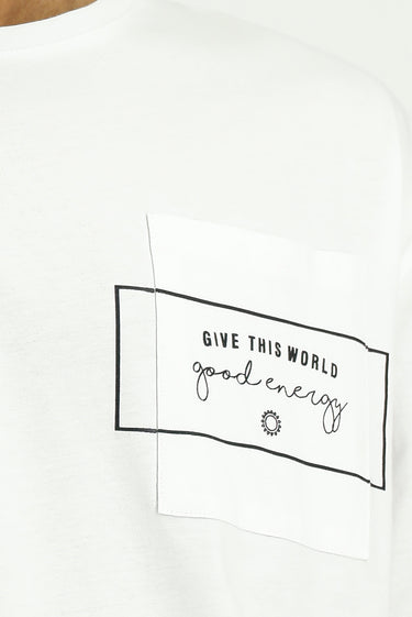 Beyaz Bisiklet Yaka Oversize Pamuk Baskılı Tişört