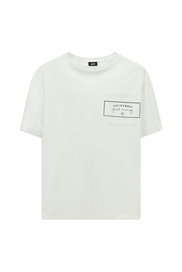 Beyaz Bisiklet Yaka Oversize Pamuk Baskılı Tişört