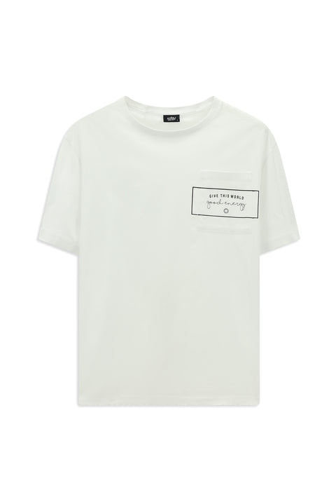 Beyaz Bisiklet Yaka Oversize Pamuk Baskılı Tişört