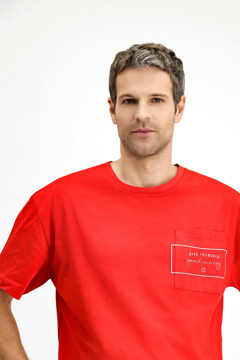 Bayrak Kırmızı Bisiklet Yaka Oversize Pamuk Baskılı Tişört