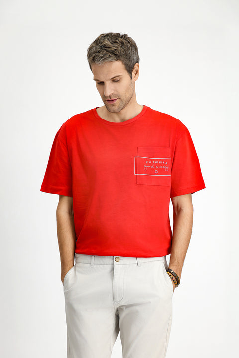 Bayrak Kırmızı Bisiklet Yaka Oversize Pamuk Baskılı Tişört