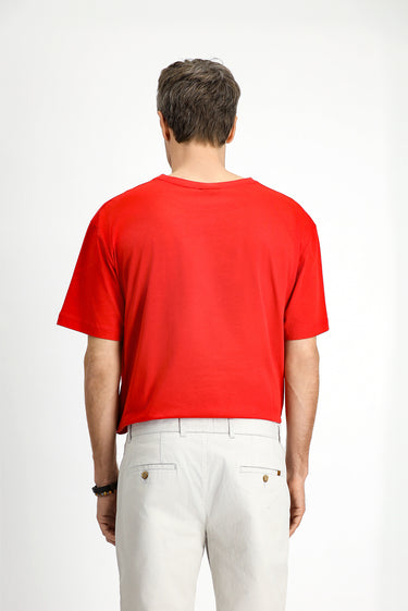 Bayrak Kırmızı Bisiklet Yaka Oversize Pamuk Baskılı Tişört