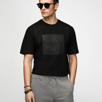 Siyah Bisiklet Yaka Regular Fit Pamuk Baskılı Tişört