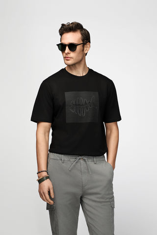  Siyah Bisiklet Yaka Regular Fit Pamuk Bask?l? Ti?ört-Ki??l?