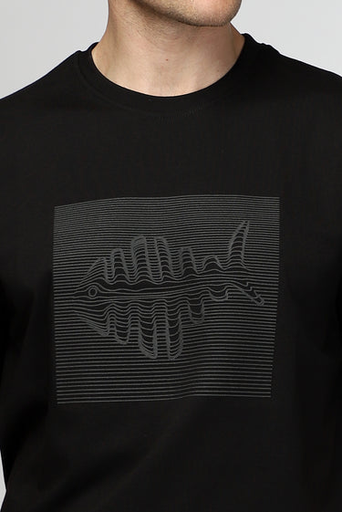 Siyah Bisiklet Yaka Regular Fit Pamuk Baskılı Tişört