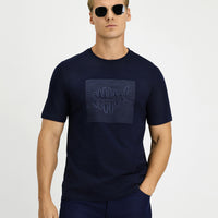 Koyu Lacivert Bisiklet Yaka Regular Fit Pamuk Baskılı Tişört