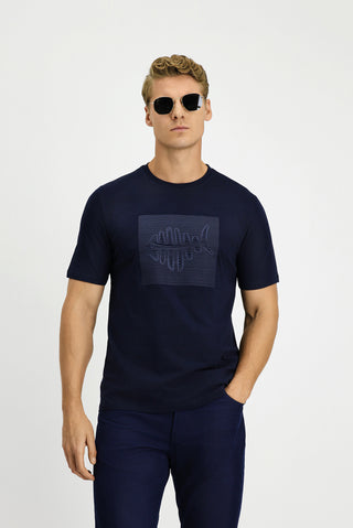  Koyu Lacivert Bisiklet Yaka Regular Fit Pamuk Bask?l? Ti?ört-Ki??l?