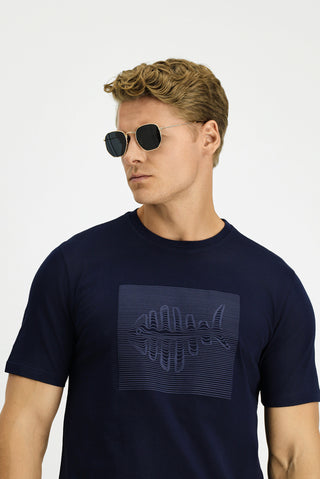  Koyu Lacivert Bisiklet Yaka Regular Fit Pamuk Bask?l? Ti?ört-Ki??l?