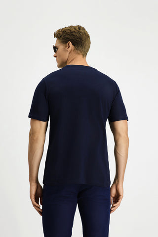  Koyu Lacivert Bisiklet Yaka Regular Fit Pamuk Bask?l? Ti?ört-Ki??l?