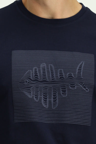 Koyu Lacivert Bisiklet Yaka Regular Fit Pamuk Baskılı Tişört