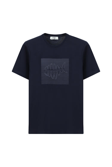 Koyu Lacivert Bisiklet Yaka Regular Fit Pamuk Baskılı Tişört