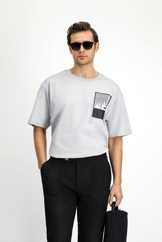  Aç?k Gri Bisiklet Yaka Oversize Pamuk Bask?l? Ti?ört-Ki??l?