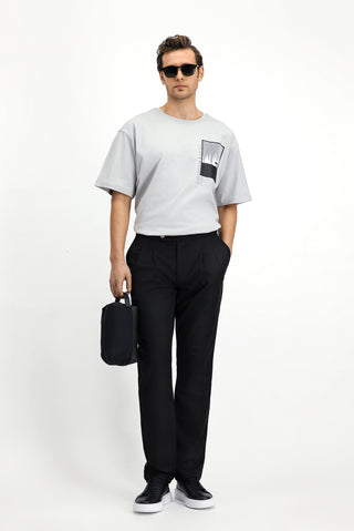  Aç?k Gri Bisiklet Yaka Oversize Pamuk Bask?l? Ti?ört-Ki??l?