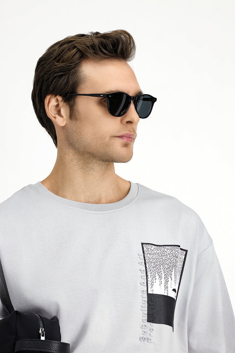 Açık Gri Bisiklet Yaka Oversize Pamuk Baskılı Tişört