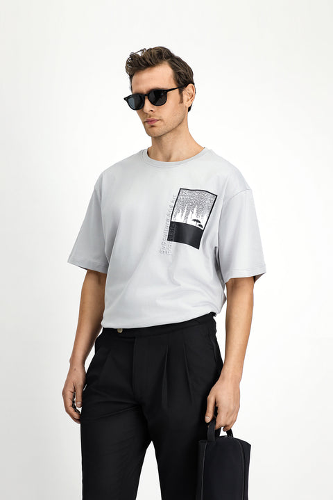 Açık Gri Bisiklet Yaka Oversize Pamuk Baskılı Tişört