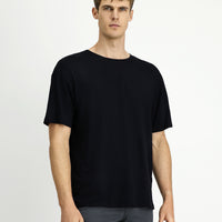 Siyah Bisiklet Yaka Oversize Desenli Modal Karışımlı Tişört