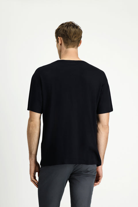 Siyah Bisiklet Yaka Oversize Desenli Modal Karışımlı Tişört