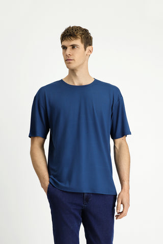  ?ndigo Bisiklet Yaka Oversize Desenli Modal Kar???ml? Ti?ört-Ki??l?