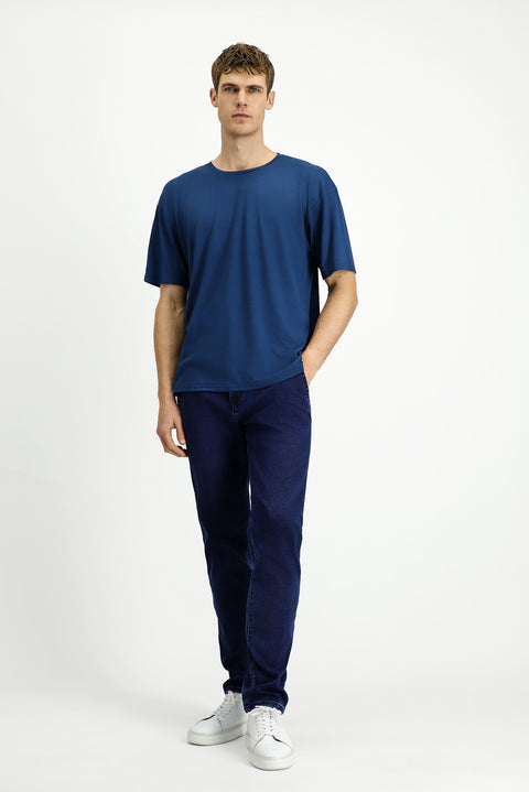 İndigo Bisiklet Yaka Oversize Desenli Modal Karışımlı Tişört