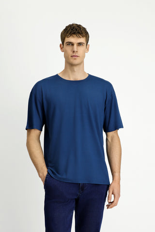  ?ndigo Bisiklet Yaka Oversize Desenli Modal Kar???ml? Ti?ört-Ki??l?