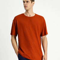 Kiremit Bisiklet Yaka Oversize Desenli Modal Karışımlı Tişört