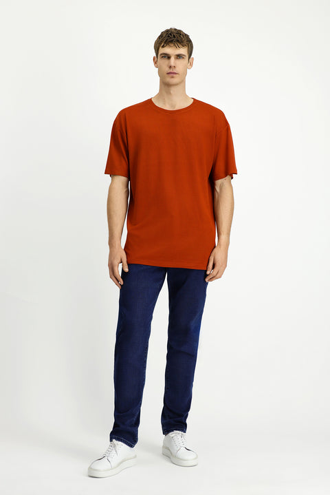 Kiremit Bisiklet Yaka Oversize Desenli Modal Karışımlı Tişört