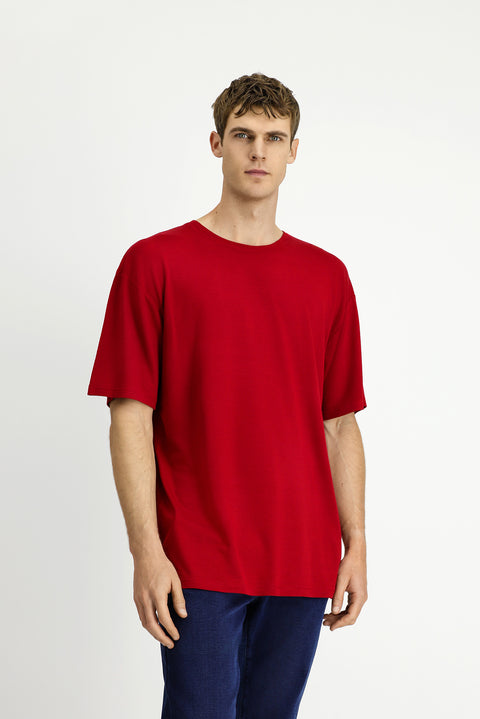 Bayrak Kırmızı Bisiklet Yaka Oversize Desenli Modal Karışımlı Tişört