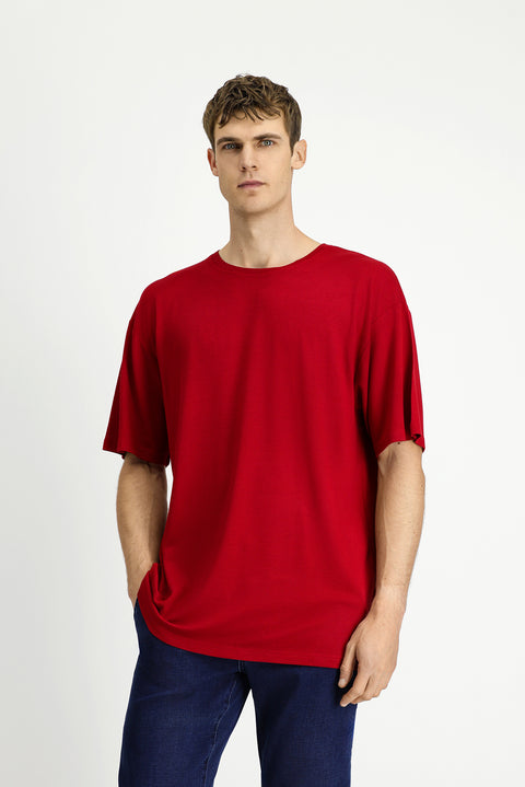 Bayrak Kırmızı Bisiklet Yaka Oversize Desenli Modal Karışımlı Tişört