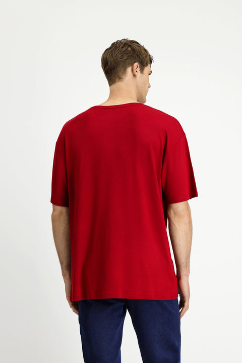 Bayrak Kırmızı Bisiklet Yaka Oversize Desenli Modal Karışımlı Tişört