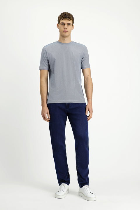 İndigo Bisiklet Yaka Regular Fit Çizgili Merserize Pamuk Tişört