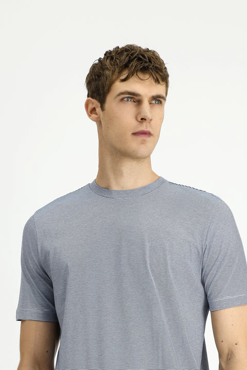 İndigo Bisiklet Yaka Regular Fit Çizgili Merserize Pamuk Tişört