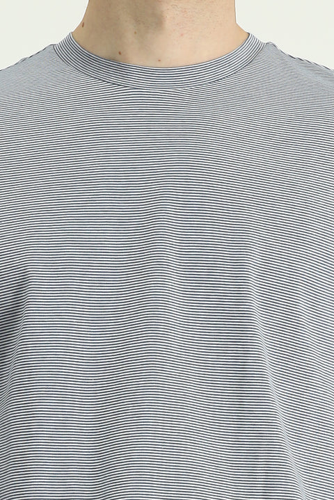 İndigo Bisiklet Yaka Regular Fit Çizgili Merserize Pamuk Tişört