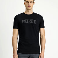 Siyah Bisiklet Yaka Regular Fit Pamuk Baskılı Tişört