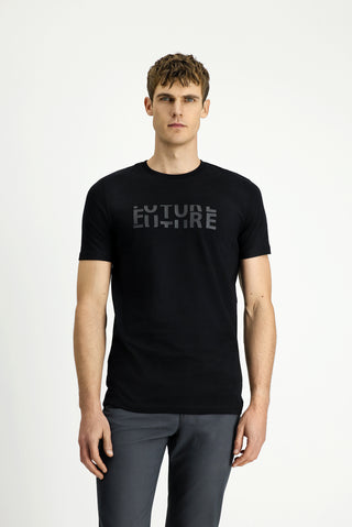  Siyah Bisiklet Yaka Regular Fit Pamuk Bask?l? Ti?ört-Ki??l?