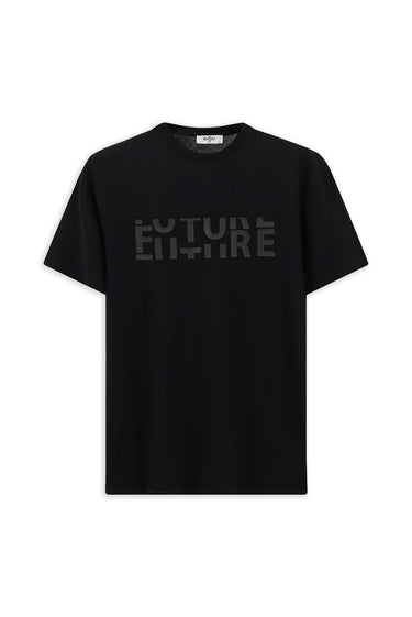 Siyah Bisiklet Yaka Regular Fit Pamuk Baskılı Tişört