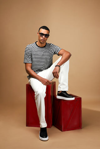  Siyah Bisiklet Yaka Slim Fit Dar Kesim Pamuk Çizgili Ti?ört-Ki??l?