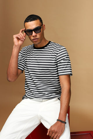  Siyah Bisiklet Yaka Slim Fit Dar Kesim Pamuk Çizgili Ti?ört-Ki??l?