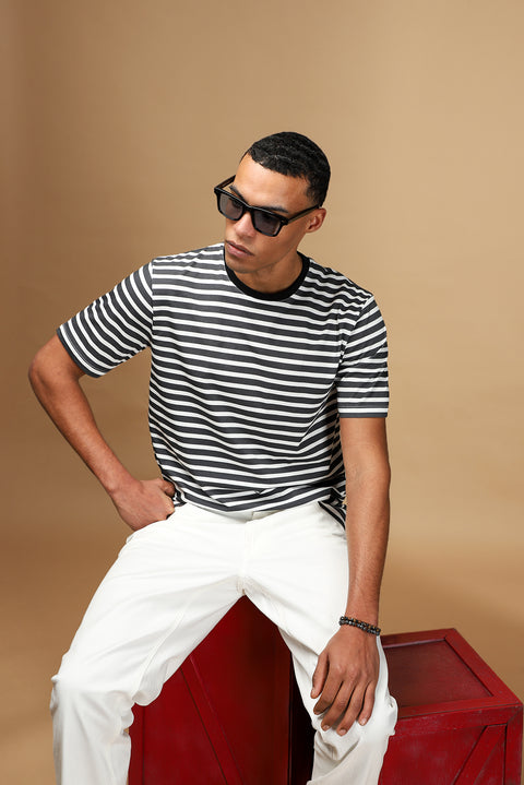 Siyah Bisiklet Yaka Slim Fit Dar Kesim Pamuk Çizgili Tişört