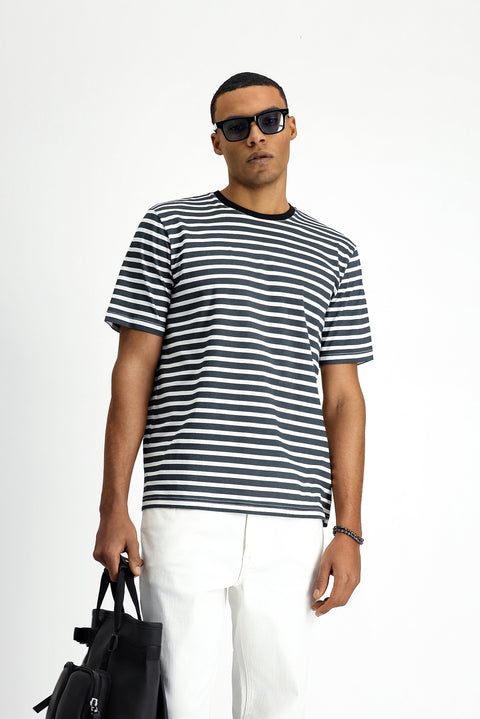 Siyah Bisiklet Yaka Slim Fit Dar Kesim Pamuk Çizgili Tişört